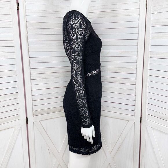 Bebe Lace Overlay Bandeau Pencil Dress Sheer Back Long Sleeve Black Medium - Picture 3 of 13